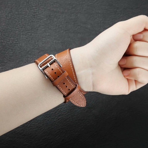 Leather Double Tour Brown Watchband for Apple - Picture 8 of 14